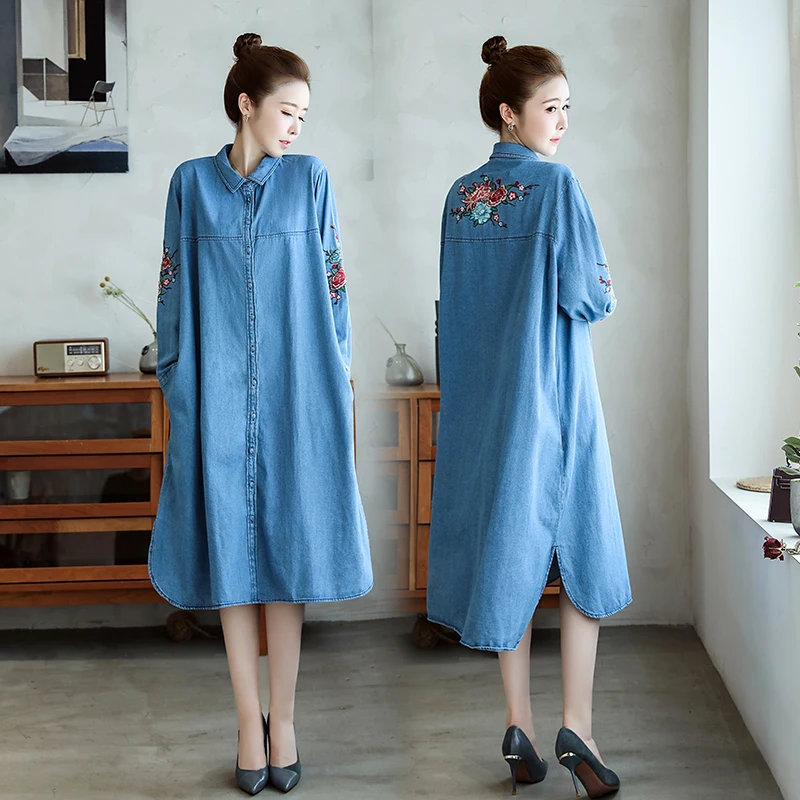 3XL Большие Размеры свободное женское джинсовое платье повседневное с длинным рукавом винтажное платье с вышивкой женское Ковбойское короткое платье W1447