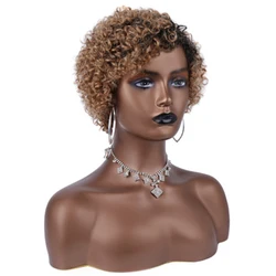 100% Real Remy Human Hair lgiht brown ombre hair Costume Wig Short Afro Kinky Curly Wig for women 8 Inches