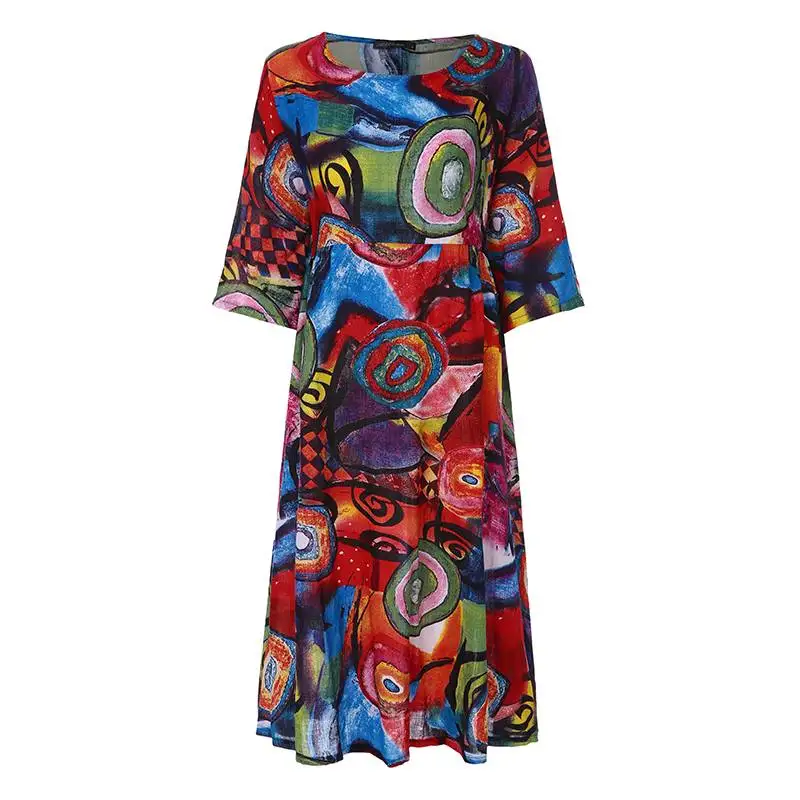 Women Half Sleeve Summer Long Shirt Dress ZANZEA Vintage Printed Robe Femme Sundress Casual Retro Work Vestido Kaftan Blusas 5XL - Цвет: Красный