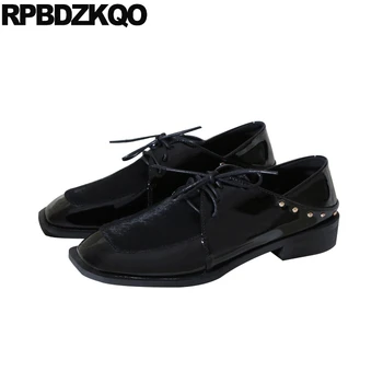 

lace up black designer shoes women luxury 2019 flats patent leather female genuine rivet high quality square toe chinese stud