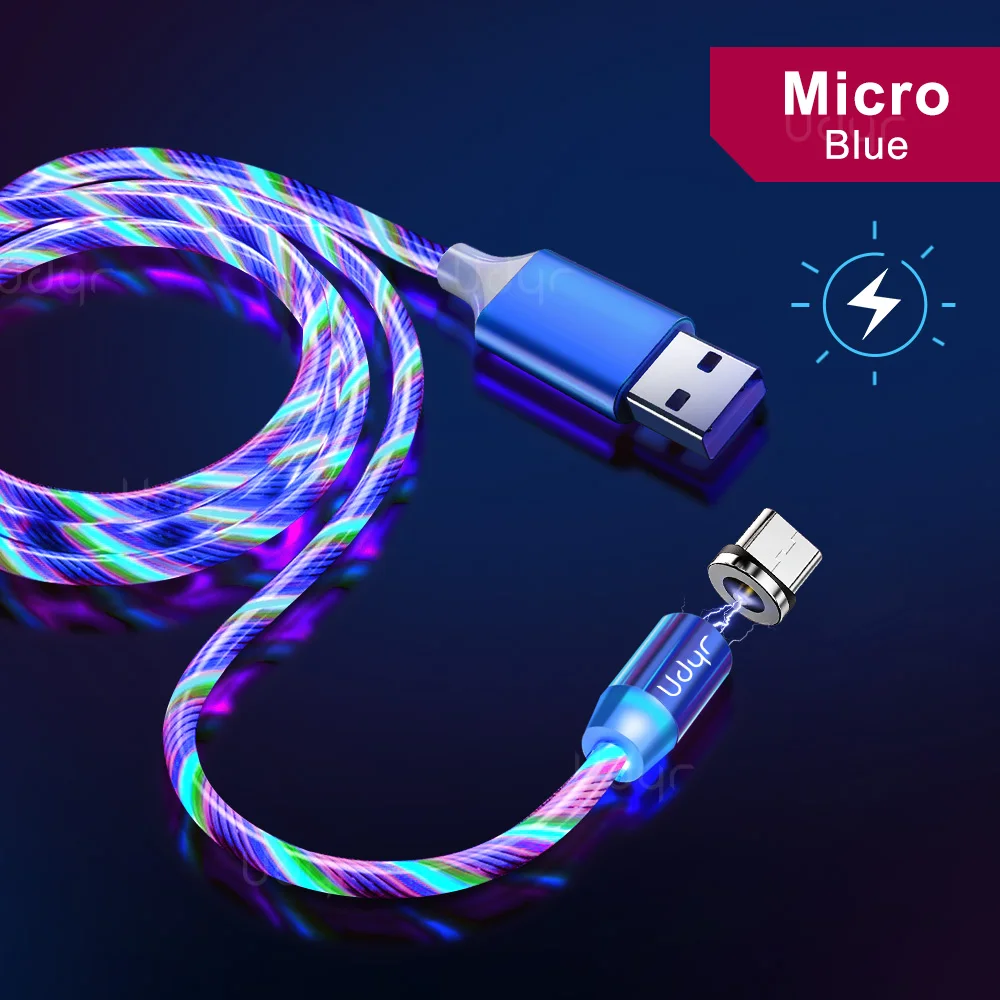 Blue Micro Cable Udyr Магнитный кабель течёт светильник светодиодный Micro USB кабель для samsung S10 type-c Зарядка для iPhone Магнит зарядное устройство type C кабели - Color: Blue Micro Cable