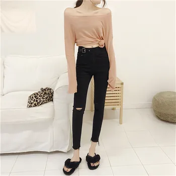 

Real shot 2020 new fashion tight elastic high waist black hole pants with thin edges and thin feet jeans women