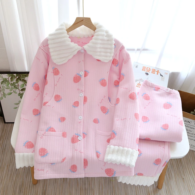 Kupokasi Cotton Nursing Pajamas Set For Pregnant Women Nightwear Cute Bear Print Lapel Winter Warm Sleepwear bedroom Suit