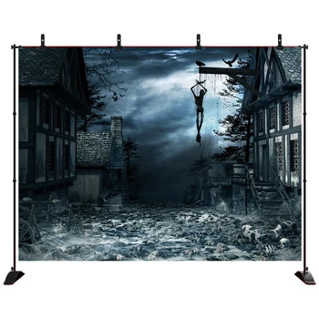 

Acejoker Halloween Backdrop Scary Skull Corpse Broken House at Night Photography Background Vinyl Photo Studio Props