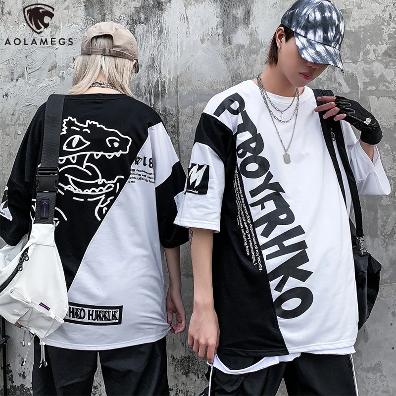 

Aolamegs Men's T Shirt Black And White Patchwork High Street Oversize Hit Color Cartoon Print Lovers Ripped Harajuku Streetwear