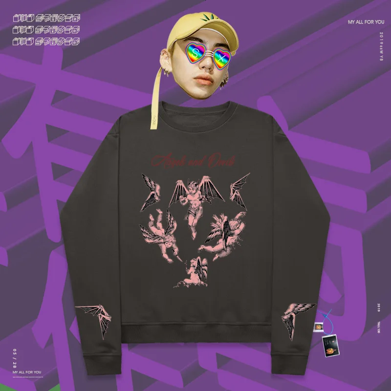 Sweatershirts spoof hophip versatile classic popular Cartoon Print Fun stitching angel with wings retro oversize Unisex coat - Цвет: Washed black