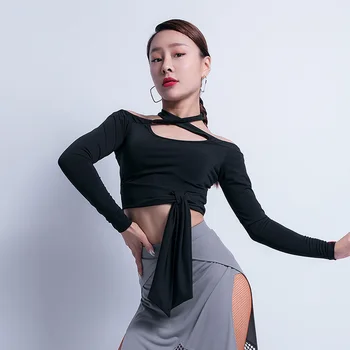 

Sexy Women Dance Shirt Tops Ballroom Modern Salsa Tango Samba Latin Training Shirts Sling Female Adult Dancewear Tops Black