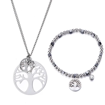 

Stainless Steel Tree of Life Pendant Necklace Beads Bracelet Fashion Jewelry Set For Women 2019 New Design Valentine's Day Gift