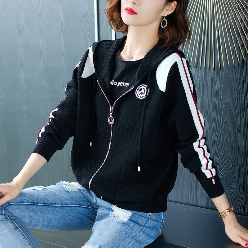 

2019 Autumn Clothing New Style Sweater Korean-style Women's Sweater Short Contrast Color Zipper Cardigan Hoodie Coat