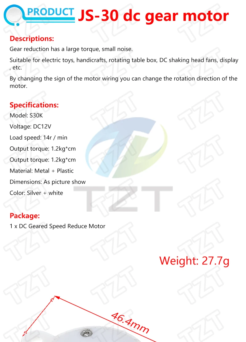 Description Picture 3 of itemDC 12V Electric Brushless DC Motor High Torque Gear Motor Geared Box S30K Reduction Motor 14RPM 2 Wires for Electronic Toys Fan