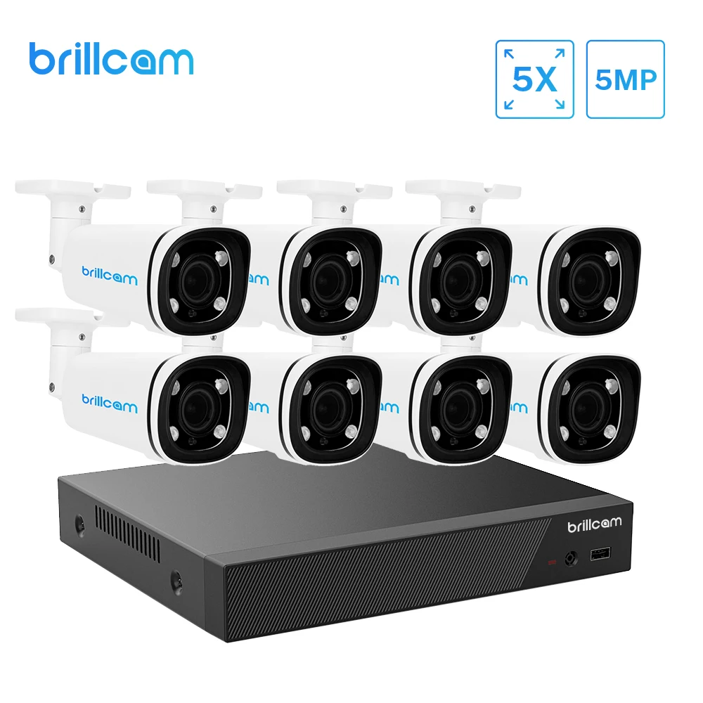 

Brillcam POE IP wifi Kit 8CH NVR 5MP Video Recorder 8PCs 5X Zoom In Security Camera Surveillance Home Waterproof Night Vision