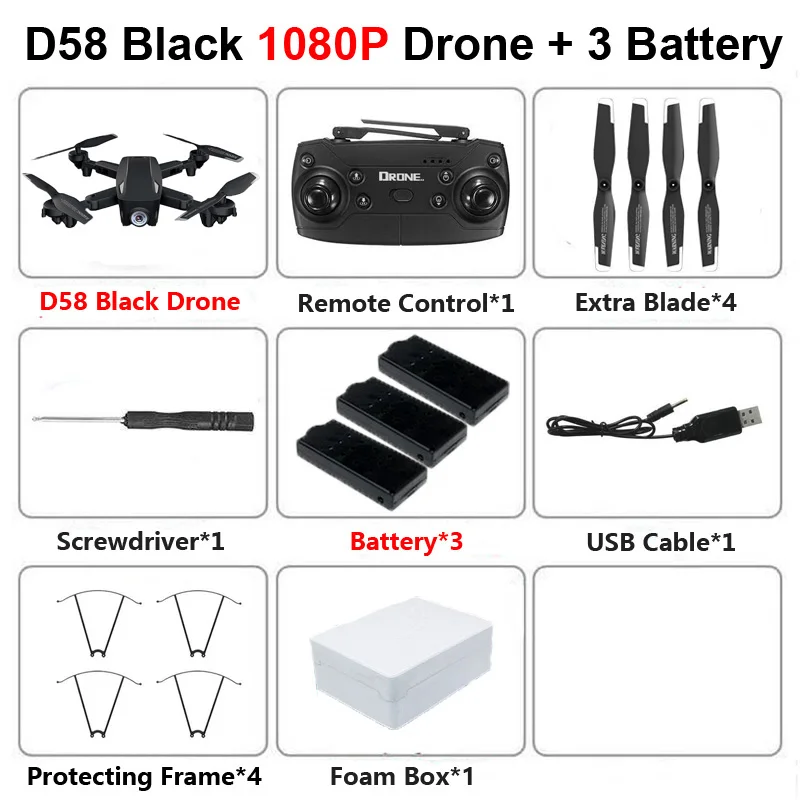 Новинка, профессиональный складной Дрон D58 с камерой, 4 K, 1080 P, HD, WiFi, FPV, оптический поток, RC Квадрокоптер, вертолет, игрушки, E520S, SG106 - Цвет: D58 1080P Black 3B