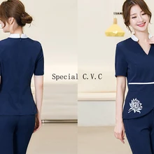 Облегающие скрабы глубокий v-образный вырез Униформа косметолога медицинский уход Workear с коротким рукавом и вышивкой цветы красота салон одежда