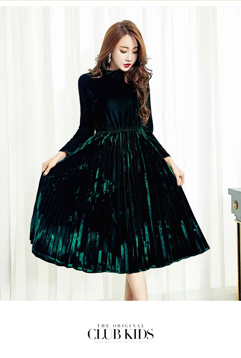Плюс размер женское зеленое черное бархатное платье осень зима двойной слойный воротник винтажное плиссированное платье Элегантная женская одежда