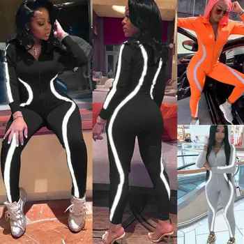 

2019 Autumn Women Reflective Striped Jumpsuit Long Sleeve V-Neck Zipper Bodycon Romper Sexy Skinny Ladies Long Pants Jumpsuit