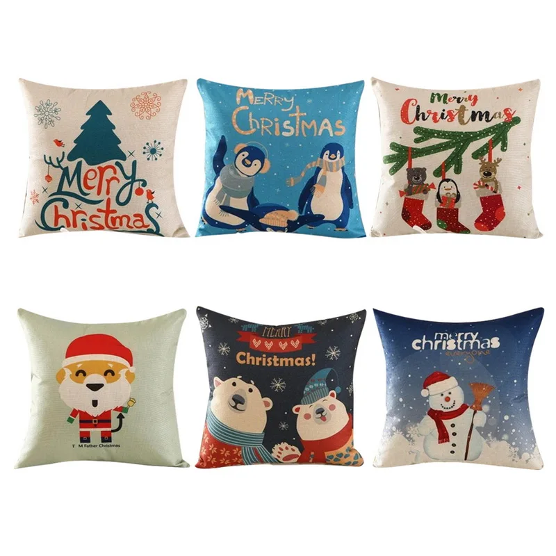 Urijk 6Pcs Merry Christmas Cushion Cover Santa Claus Pillowcase Polyester Linen Throw Pillow Car Home Sofa Decorative 45*45cm