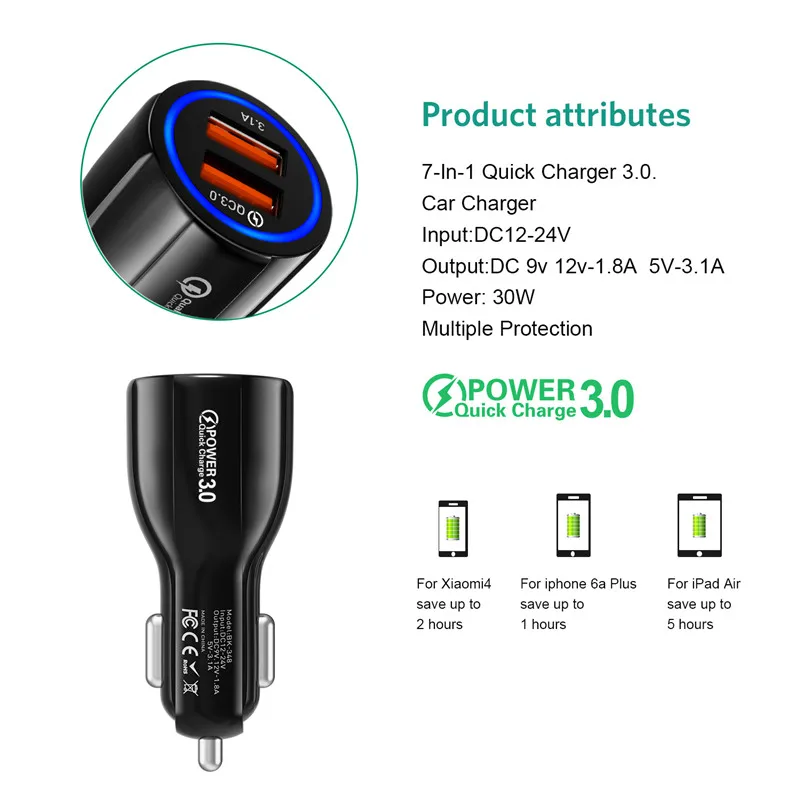 USLION 2 порта USB Автомобильное зарядное устройство Быстрая зарядка 3,0 зарядное устройство для мобильного телефона быстрое автомобильное зарядное устройство для iPhone XS XR 8 samsung S10 S9 зарядное устройство s