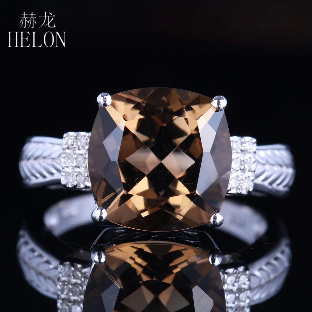 

HELON Sterling Silver 925 Flawless Cushion 10mm Genuine Smokey Quartz Topaz Diamonds Gemstone Fine Jewelry Engagement Ring