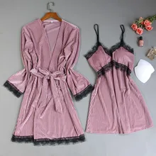 Зимнее Розовое Кимоно Платье бархатная ночная рубашка комплект Женская Сексуальная кружевная ночная рубашка на подтяжках Повседневная Домашняя одежда из двух частей интимное белье