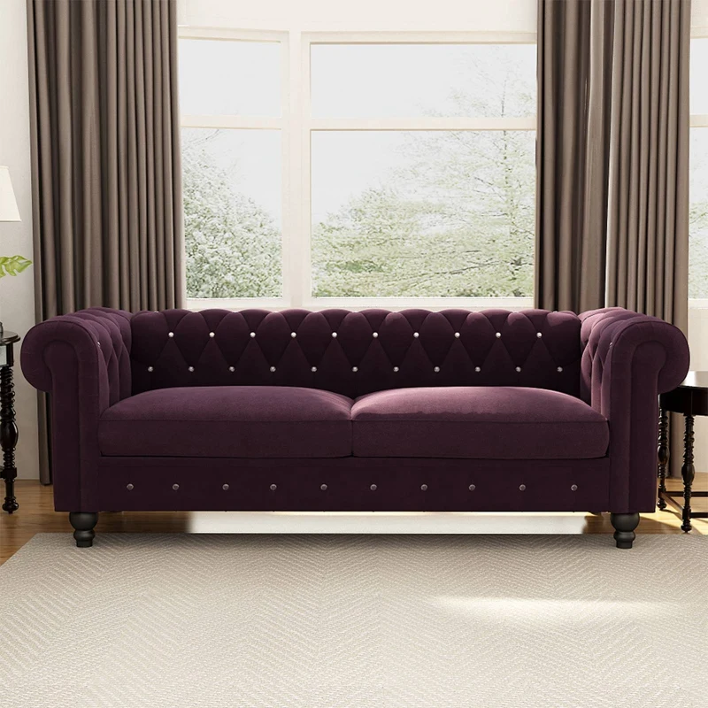 Couch For Living Room Upholstered Chesterfield Sofa, Velvet Surface