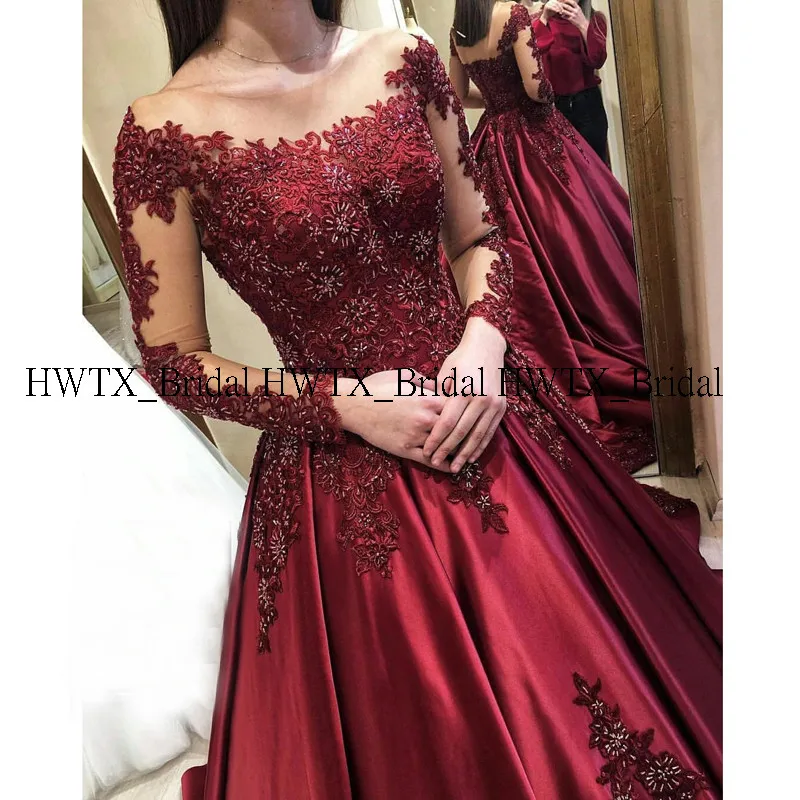 HWTX_Bridal в мусульманском стиле с длинным рукавом вечернее платье Новинка бисерная аппликация прозрачное бордовое атласное длинное вечернее платье de soiree