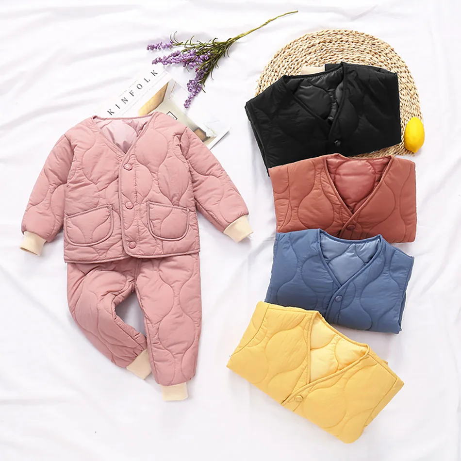 Baby Kids Winter Cotton Clothing Set Solid Boys Girls Toddler Think Warm Pajamas Suits for Children Coat + Pants 2Pcs Outfits | Мать и
