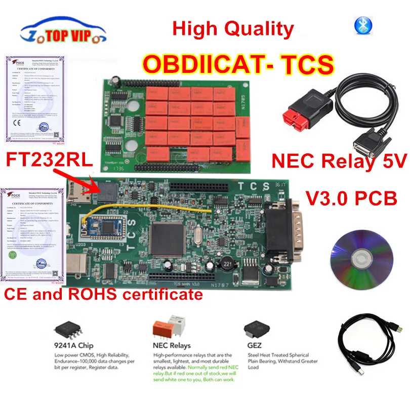 Лучший сканер Bluetooth V3.0 PCB новые,1 keygen OBDIICAT TCS 5V NEC Реле 9241A чип obd2 автомобиля/грузовик диагностический инструмент
