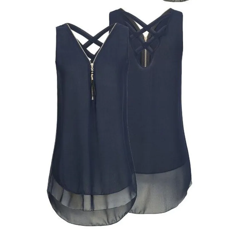 dark blue Модная женская Повседневная рубашка, женская летняя Свободная блузка безрукавка на молнии с v-образным вырезом, шифоновая блузка - Цвет: dark blue