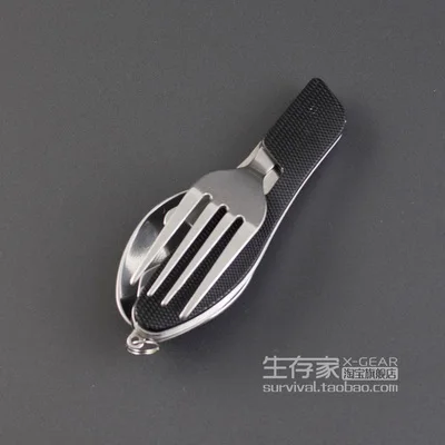 Outdoor Folding Tableware Stainless Steel Pocket Knife Fork Spoon Bottle Opener Camping Picnic Tool Set - Цвет: Зеленый