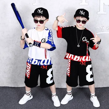 

Summer Kid Street Dance Clothings Boy Sports Shirt and Trouser Hiphop Short Sleeves T-shirt Fashion Leisure two piece AEJS06