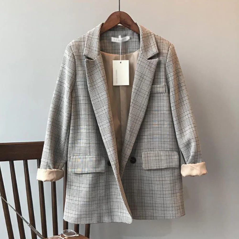

Autumn Loose Plaid Print Blazer Jacket Casual Women Double Breasted Pockets Designing Coat Elegant Office Lady Suit Blazers