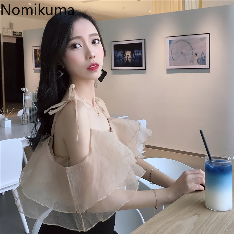 Женский сетчатый топ Nomikuma однотонный на бретельках с оборками летний в Корейском