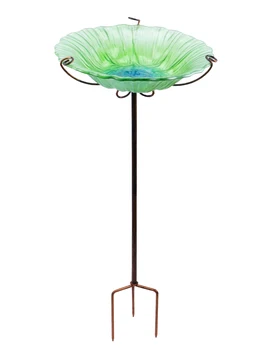 

26 Inch Height Glass Birdbath Birdfeeder with Metal Stake Garden Outdoor Green