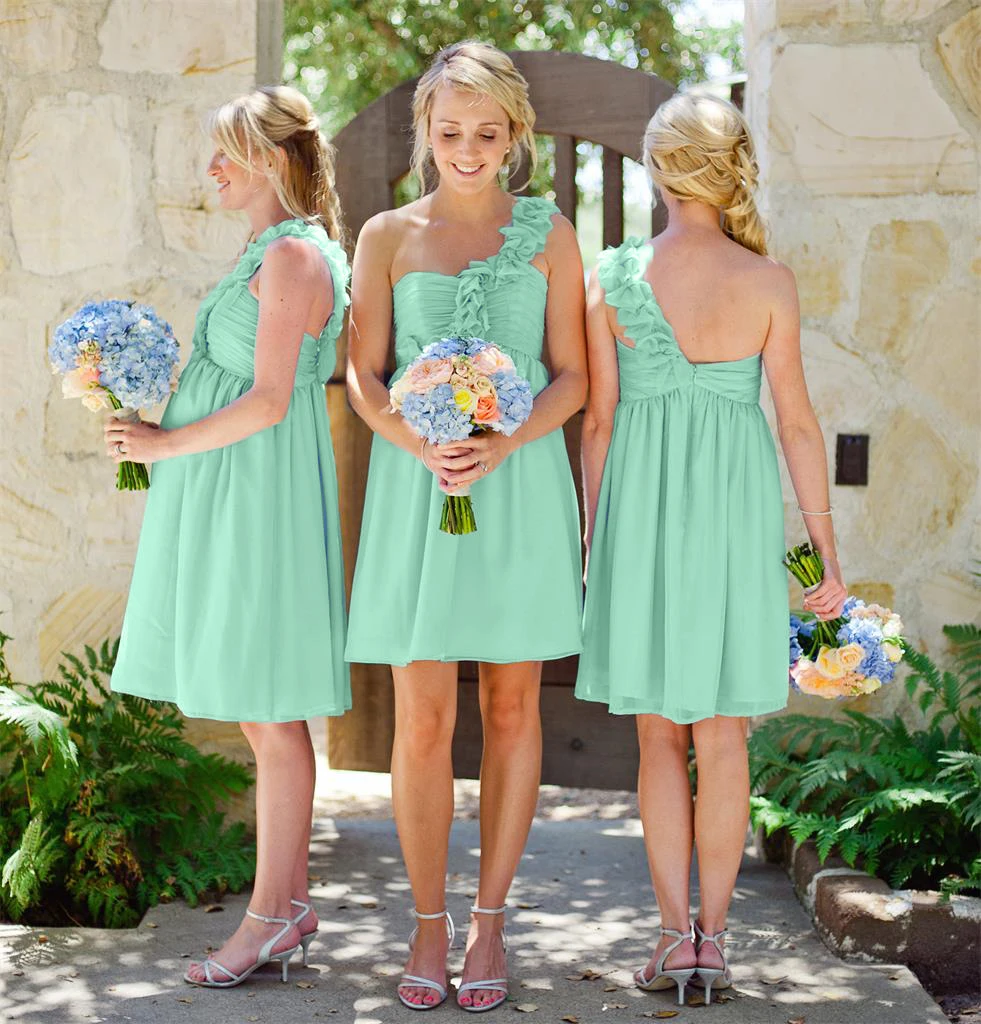mint green Небесно-голубое для подружки невесты, платья длиной до колена, шифоновое вечернее платье на одно плечо, платье на выпускной, Robe demoiseur D'honneur - Цвет: mint green