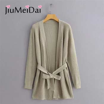 

JiuMeiDai Fashion Cardigans Belt Waist Sweater Women Spring Autumn Office Ladies Jumper Clothing Plus Size Loose Casual Outwear