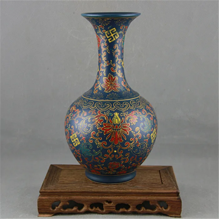 Antique Vase Decorated With Deep Blue Glaze, Enamel And Flower Pattern In Yongzheng, Qing