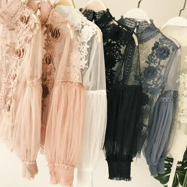  2019 Autumn Women Tops Fashion Sexy Sheer Lace Blouse Lantern Sleeve 3D Floral Blouses Shirts Elega