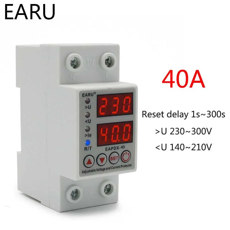 Voltage Protector Relay 2P 40A 220V AC Adjustable Automatic Reconnect Over Voltage And Under Voltage Protection Relay 50Hz 