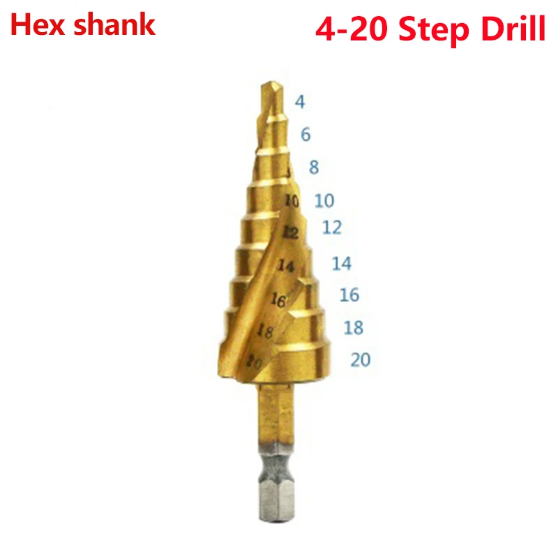 Hss титановые спиральные рифленые ступенчатые сверла 4-12/4-20/4-32 мм ступенчатые конусные режущие инструменты стальные деревообрабатывающие металлические сверла - Цвет: 4-20 Hex shank LX