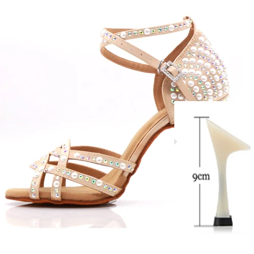 heel 9cm WUXIJIAOLatin танцевальная обувь для танго леди кожи цвета и rhinestoneswoman латинские танцевальные туфли латинские блестящие туфли - Цвет: heel 9cm