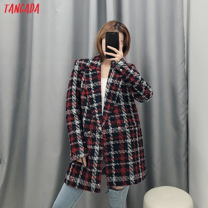 Kopen Tangada Vrouwen Dikke Tweed Jassen Jas Rode Plaid Losse Lange Mouwen Pocket 2019 Dames Elegante Herfst Winter Jas BE18