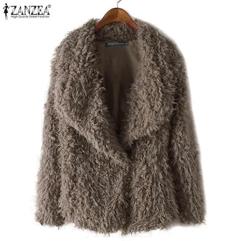 lower price  2019 Winter Long Sleeve Jackets ZANZEA Women Fluffy Fur Coat Solid Lapel Warm Outwear Autumn Casual