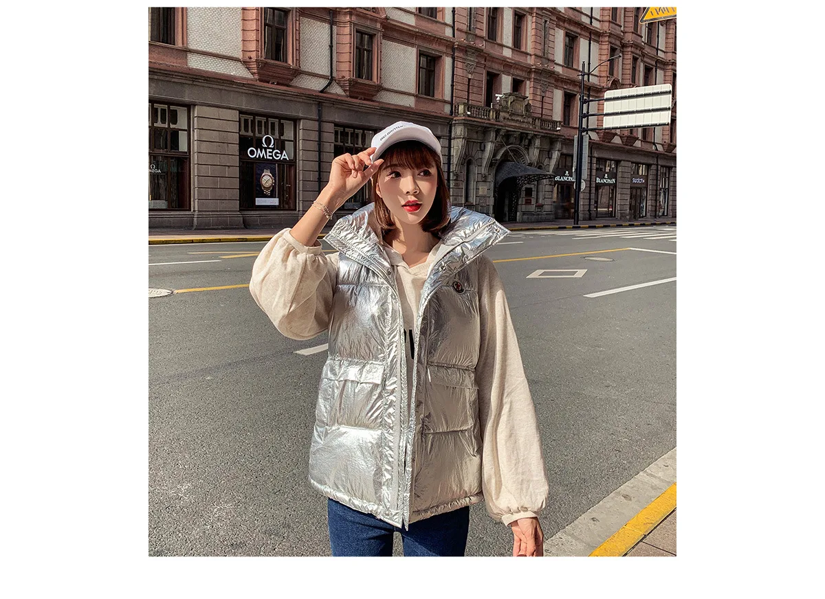 Autumn And Winter New Style Korean-style Stand Collar Loose-Fit Thick Bright Surface down Feather Cotton Vest Short Coat Wo