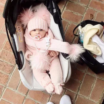 

2PCS Hat + Scarf Sets Children Two Fur Fox Pom Pom Ball Cotton Hat Kids Warm Knitting Cap Beanie Hats For Baby Girls Boys