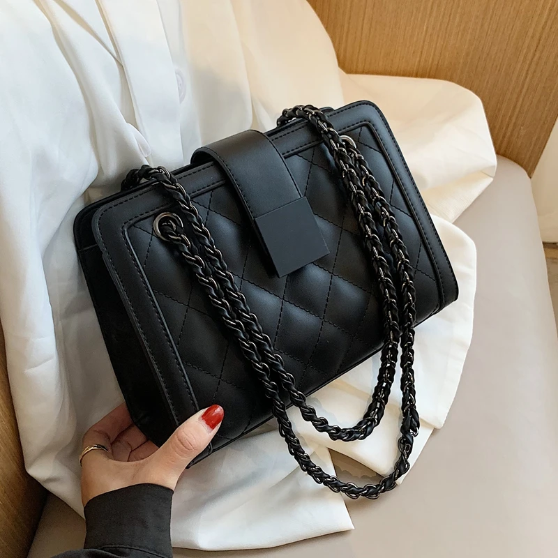 

SWDF Small Black PU Leather Crossbody Bag for Women 2021 Winter Branded Chain Designer Shoulder Handbags Women's Trend Hand Bag