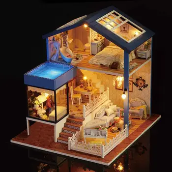 

Creative DIY Wooden Villa Seattle Model Doll House Miniature Dollhouse With Furnitures Wood House Toy For Children Birthday Gift