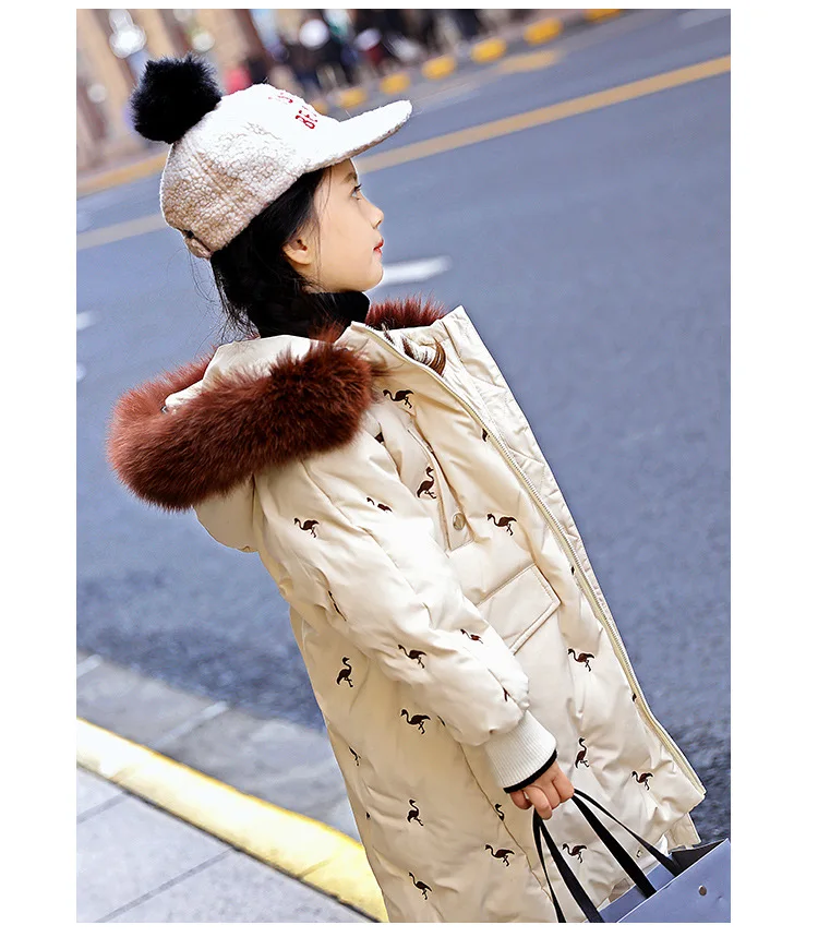 Детский модный пуховик для девочек длинное пальто Parker зимнее ветрозащитное плотное пальто для девочек 90% белый утиный пух