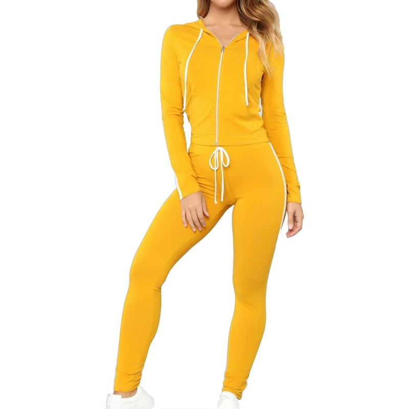 

CYSINCOS Spring Autumn New Arrival Lady Two-piece Tracksuit Jogging Suits For Sport Suits Solid Long Sleeve Hooded Running Sets
