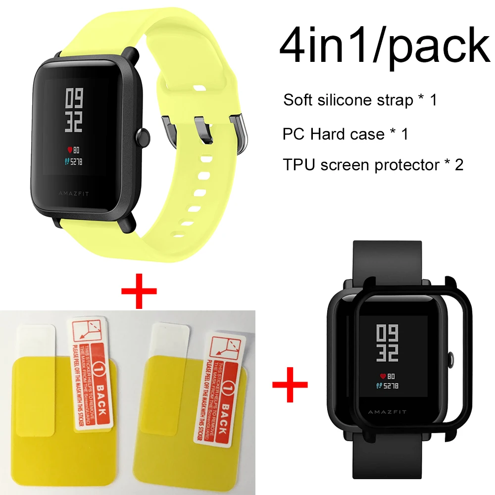4в1 силиконовый ремешок спортивный браслет чехол для Xiaomi Huami Amazfit Bip BIT умные часы аксессуары - Цвет: Yellow-Black case