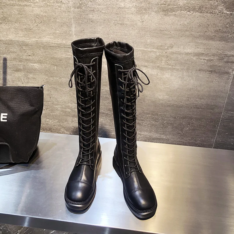 

Genuine Leather knee high Platform Boots Women Winter Street Style shoes 2019 elastic long boots ugs australia boots women